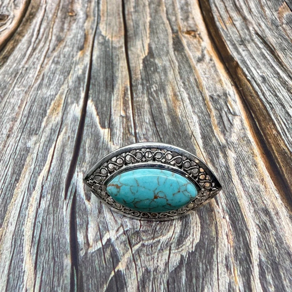 Boho Turquoise Oval Statement Ring Silver Tone Filigree Adjustable Vintage Gift
